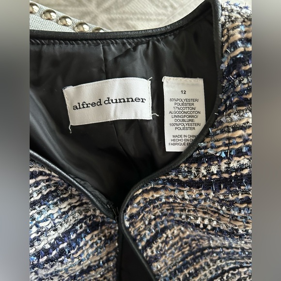 Alfred Dunner Tweed Metallic Blue Jacket Open Front Faux Vegan Leather Size 12 - Picture 6 of 12